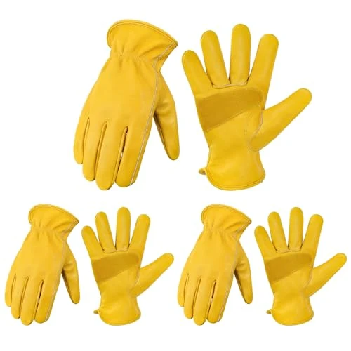 Recyclable Cowhide Leather Gardening Work Gloves for Men 3 Pairs Golden L 3 Count Certified