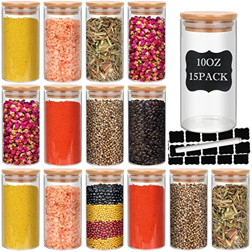 First-Class 15 Pack 10 oz Glass Jars With Bamboo Lids for Kitchen 15 Count Genuine