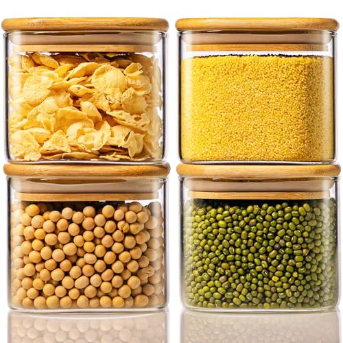 Expertly Made 21 oz Square Glass Food Storage Containers with Airtight Bamboo Lids 4 Count Practical