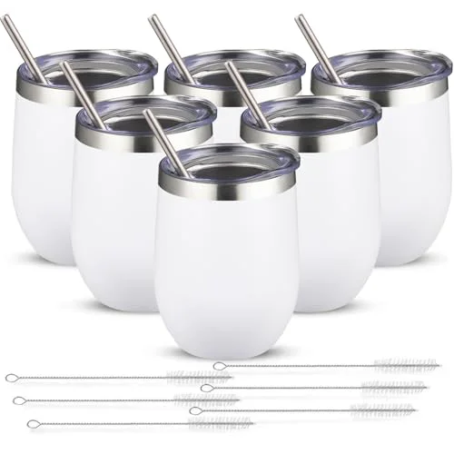 Flexible 12oz 6 Pack Wine Tumbler Glasses with Lid Stemless Double Wall Vacuum Stainless Steel Travel Tumbler Keeping Cold Hot for Wine 6 Count Genuine