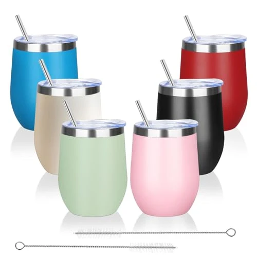 Prestigious 12oz 6 Pack Wine Tumbler Glasses with Lid Stemless Double Wall Vacuum Stainless Steel Travel Tumbler Keeping Cold Hot for Wine 6 Count Modern