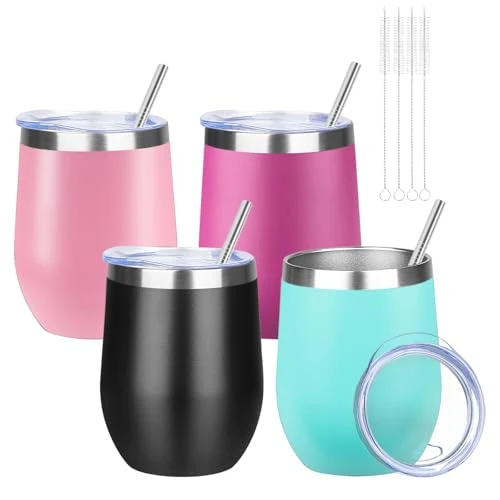 Organic 12oz 4 Pack Wine Tumbler Glasses with Lid Stemless Double Wall Vacuum Stainless Steel Travel Tumbler Keeping Cold Hot for Wine Certified