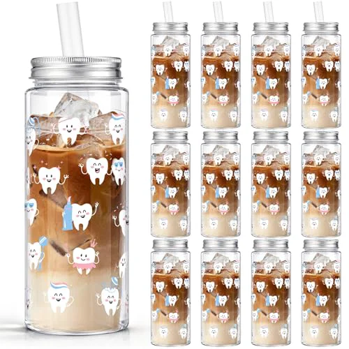 Expertly Made 12 Pcs 14.2oz Teeth Tumbler with Lid and Straw Tooth Gift Plastic Reusable Tumbler Teeth Party Favors for Dental Assistants Gift Drinking Cup for Women Men Doctors Nurses Coworkers Employees 12 Count Effective