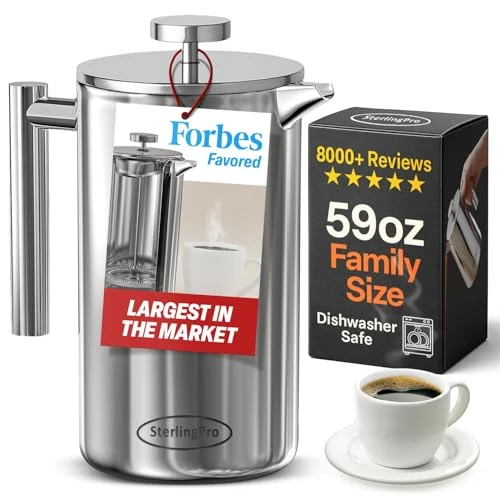 Prestigious Non Toxic Extra Large Insulated Stainless Steel French Press Coffee Maker 59oz Contemporary
