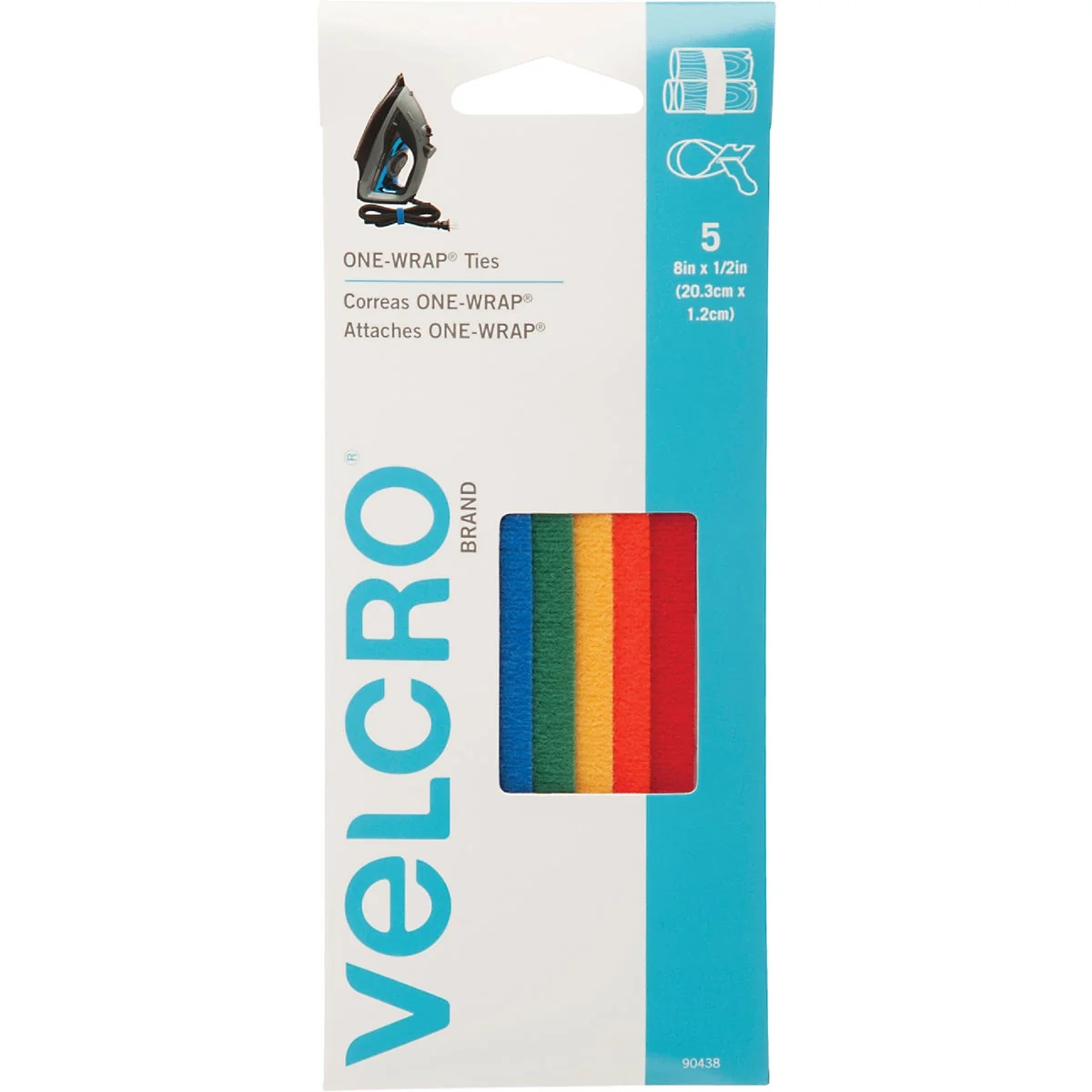 Recyclable VELCRO Brand One-Wrap 1 2 In. x 8 In. Assorted Hook Loop Tie 5 Ct. Professional
