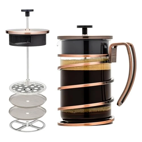Traditional French Press Coffee Maker 27oz with 4 Filters System Detailed