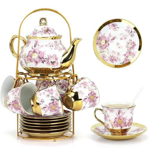 Carefully Designed 20 Pcs Porcelain Tea Set With Metal Holder Authentic