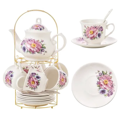 Carefully Designed 20 Pieces Tea Set For Adult with Golden Metal Rack High-End