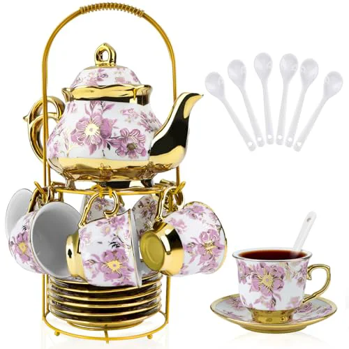 Verified 20 Pcs Porcelain Tea Set with Metal Holder 20 Count Superior