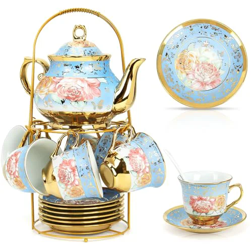 Fine Crafted 20 Pcs Porcelain Tea Set with Metal Holder 20 Count Elegant