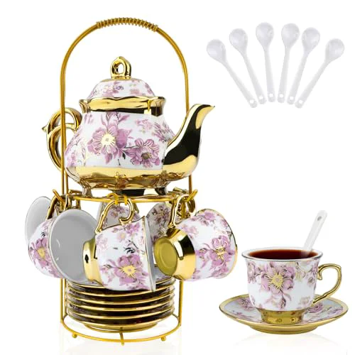 Advanced 20 Pcs Porcelain Tea Set with Metal Holder 20 Count Dependable