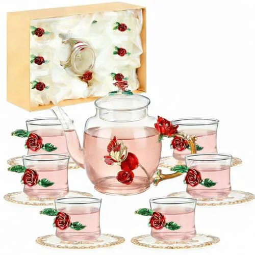Exceptional 13 Pcs Glass Tea Set Rose Floral Vintage Teapot and Cups Practical