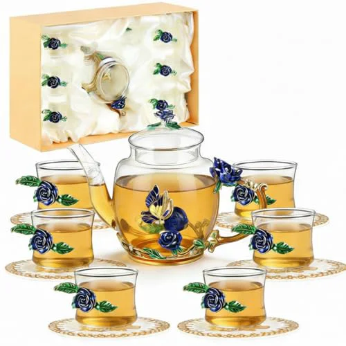 Breathable 13 Pcs Glass Tea Set Rose Floral Vintage Teapot and Cups Practical