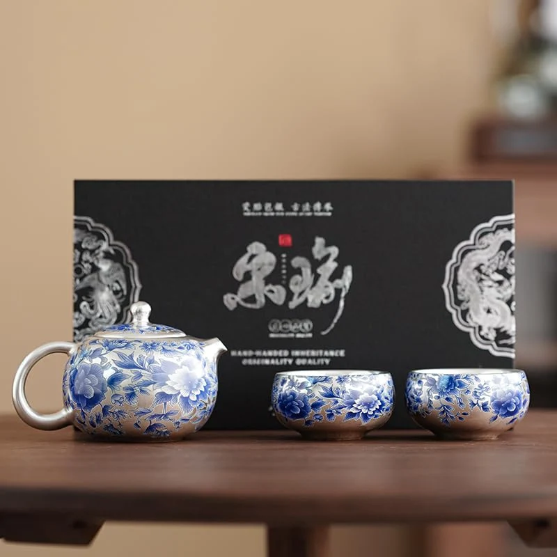 Premium One Silver Plated Teapot with Two Cups and Four Cups Blue Proven
