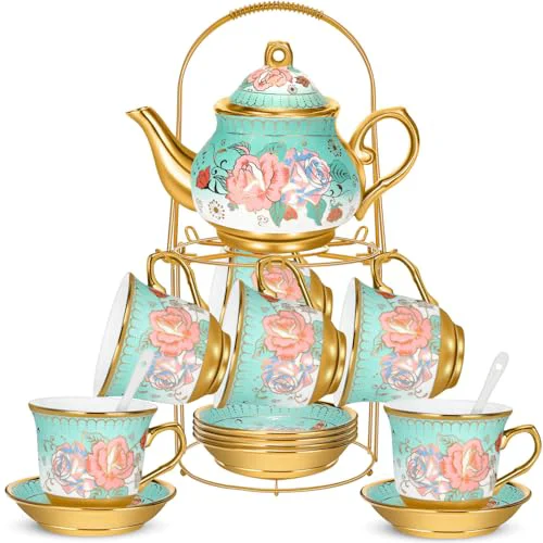 Fashionable 20 Pcs Adult Tea Party Set Porcelain with Metal Holder Exclusive