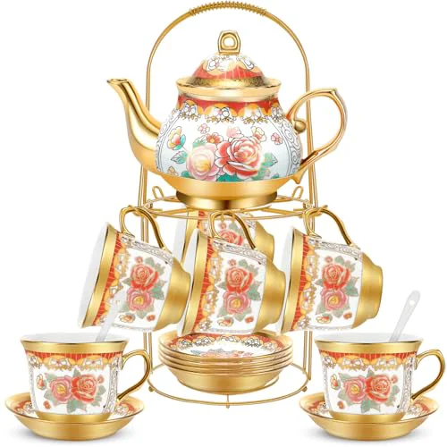 Detailed 20 Pcs Adult Tea Party Set Porcelain with Metal Holder Unique