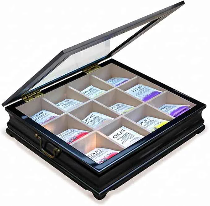 Easy-to-Use Tea Chest 12 Compartments Tea Bag Large Storage Box with Beveled Glass Lid Artisan