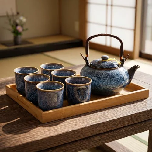 Excellent Japanese Asian Tea Set for Adults with 1 Teapot 6 Cups 1 Tray Professional