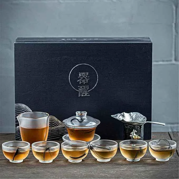 Minimalist Glass Tea Set with Large Gaiwan and White Porcelain Teapot-suit1 Lightweight