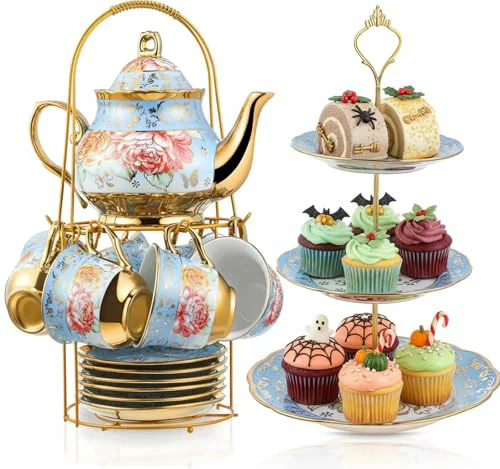 Dependable 21 Pcs Porcelain Tea Set for Women Tea Party with Metal Holder and 3 Tier Cake Stand Ceramic European Floral Teapot Set for Adults Mother’s Day Christmas Thoughtful Gift Classic