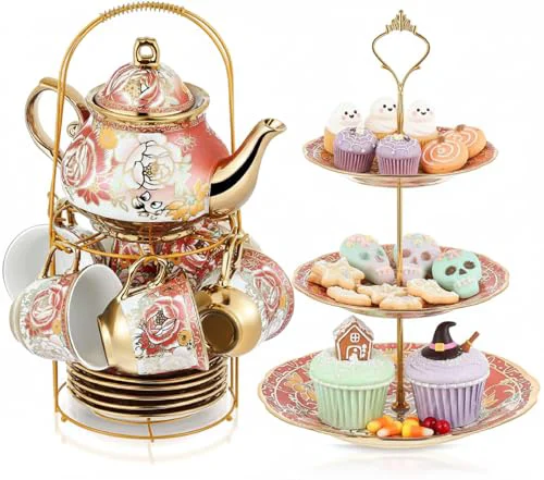 Traditional 21 Pcs Porcelain Tea Set for Women Tea Party with Metal Holder and 3 Tier Cake Stand Ceramic European Floral Teapot Set for Adults Mother’s Day Christmas Thoughtful Gift High-End