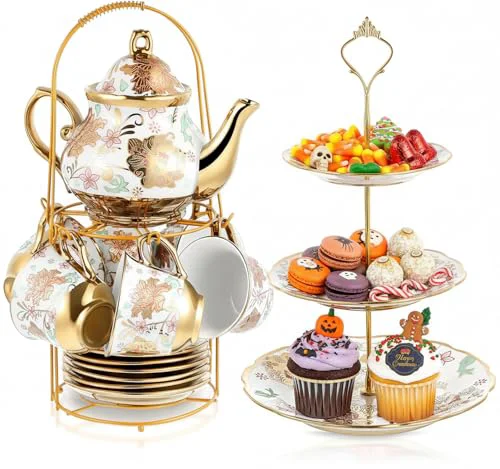 Secure 21 Pcs Porcelain Tea Set for Women Tea Party with Metal Holder and 3 Tier Cake Stand Ceramic European Floral Teapot Set for Adults Mother’s Day Christmas Thoughtful Gift Innovative