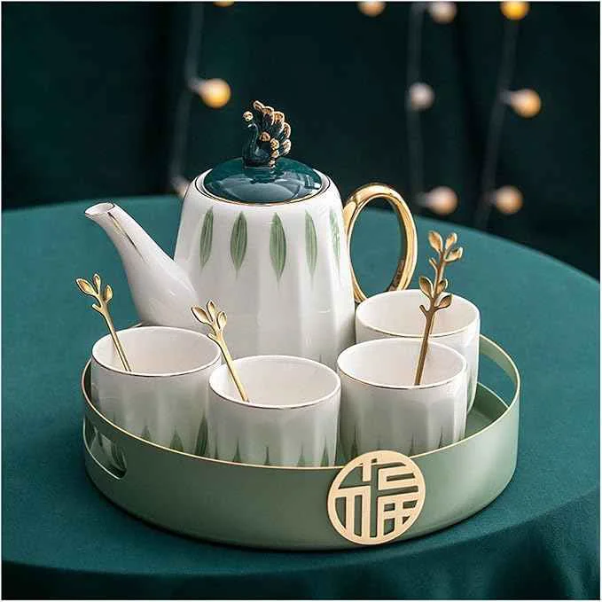 Proven Iced Tea Pitchers Ceramic Luxury Tea Set Household Flower Tea Pot Water Kettle Cup Set Teaware 1 Teapot 4 Cups with Tray for Wedding Gift for Home Kitchen coffee cup Genuine