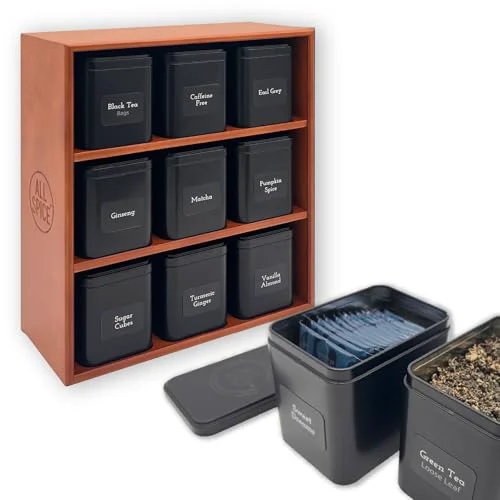 Secure Tea Organizer Rack with 9 Tins 160 Magnetic Labels Pure
