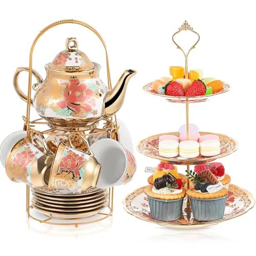 Crafted 21 Pcs Porcelain Tea Set for Women Tea Party with Metal Holder and 3 Tier Cake Stand Ceramic European Floral Teapot Set for Adults Mother’s Day Christmas Thoughtful Gift Innovative