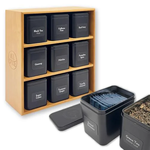 Advanced Tea Organizer Rack with 9 Tins 160 Magnetic Labels Trendy