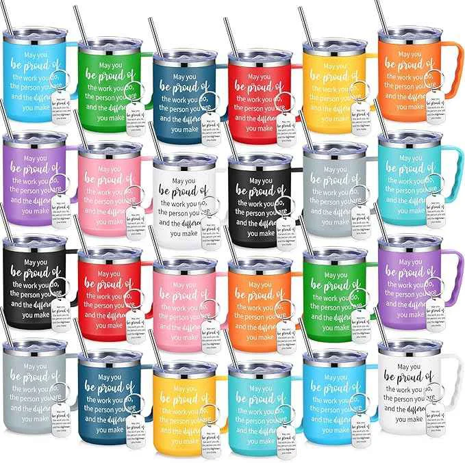 World-Class 24 Sets Employee Appreciation Coffee Mug Gift 17oz Insulated Stainless Steel Tumbler with Handle and Keychains Thank You Gift for Coworkers Teacher High-Quality