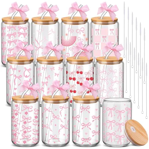 Trusted 12 Pack Pink Bow Glass Cups with Lids and Straws 16 oz 12 Count Consistent