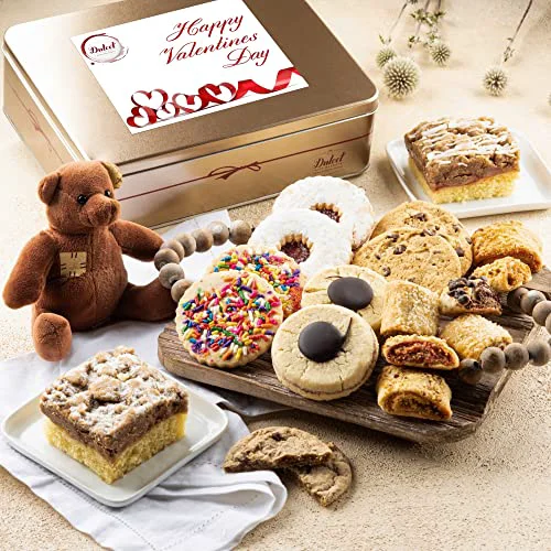 Excellent Happy Valentines Love Day Deluxe Bakery Mix of Assorted Cookies and Pastries with Decorative Teddy Bear for Women Minimalist