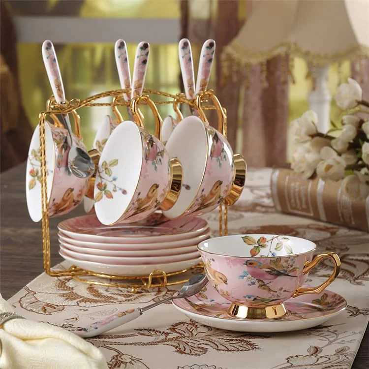 Artisan Coffee Mugs Pastoral Bird Bone China Tea Cup Saucer Spoon Set Europe Porcelain Coffee Cup 200ml Mug Tray Cafe Tumbler Party Drinkware Mug Set Proven