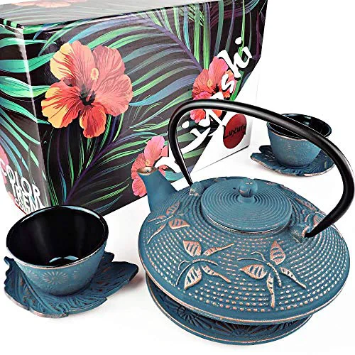 Solid Blue Butterfly Cast Iron Tea Set Relaxed