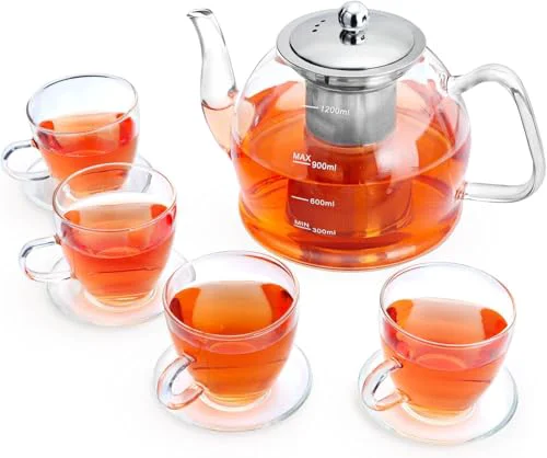 High-Performance Tea Pot Set 1200ml Glass Teapot with 4 Glass Teacups Traditional