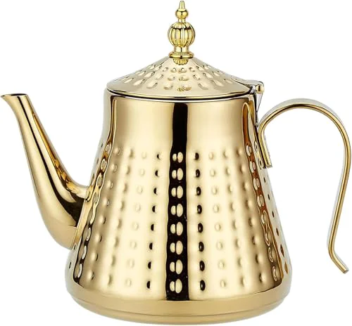 Minimalist 1.2L 40oz Stainless Steel Hammer Patterned Teapot With Removeable Infuser Loose leaf cover Gold Reliable