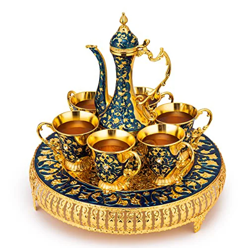 Elegant Vintage Extra Large Turkish Coffee Tea Pot Set for 6 by Gute with Large Crystal Tray Teapot Gold with Shiny Crystal Quality