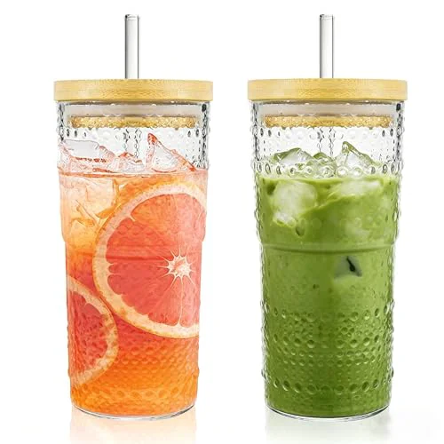 Clean 2 Pack 20oz Hobnail Drinking Glasses with Bamboo Lids and Glass Straw 2 Count Next-Generation