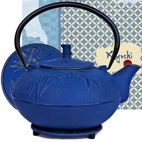 Genuine 85 Oz XXL Blue Bamboo Cast Iron Teapot Proven