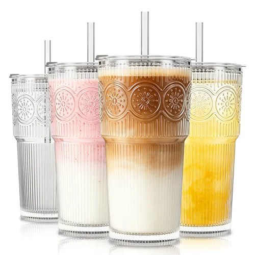 Innovative 20oz Ribbed Floral Glass Tumbler with Lid and Straw Luxury