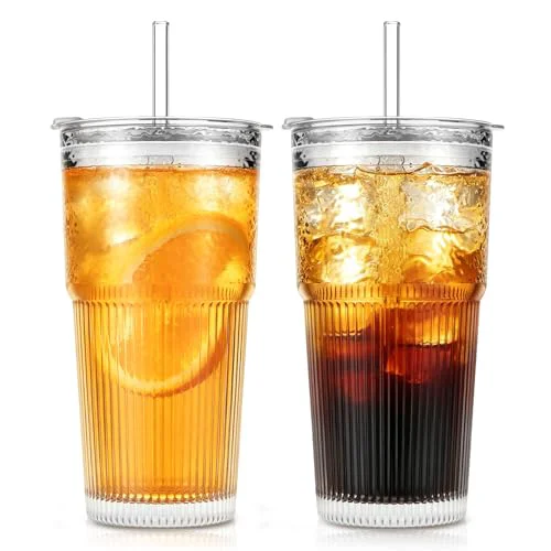 Minimalist 20oz Wave Ribbed Glass Tumbler with Lid and Straw Optimized