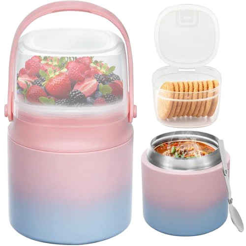 Expertly Made 2 – in – 1 Soup Thermo for Hot Food 14oz with Snack Box Container Leak Proof Insulated Lunch Container Kids and Adults Stainless Steel Double Wall Vacuum Wide-mouth Thermal with Spoon and Handle Smooth