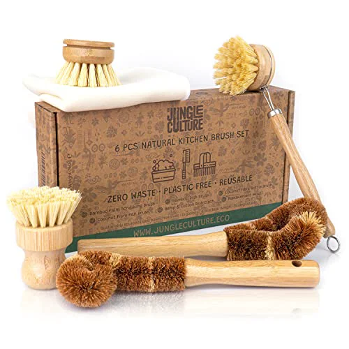 Fashionable Bamboo Dish Brush Set • 6 Piece with Bottle Brush Scrubber 6 Count Lightweight