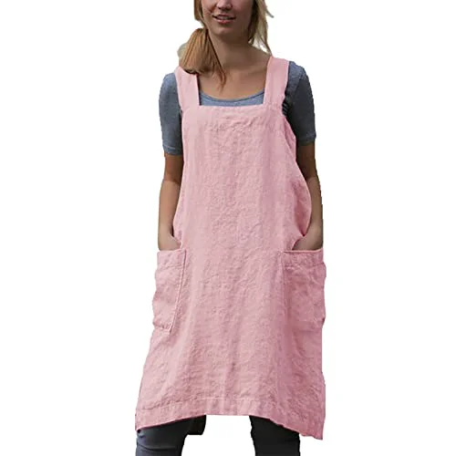 Classic Cotton Linen Apron Cross Back Apron for Women with Pockets Pinafore Dress for Baking Cooking Long-Lasting