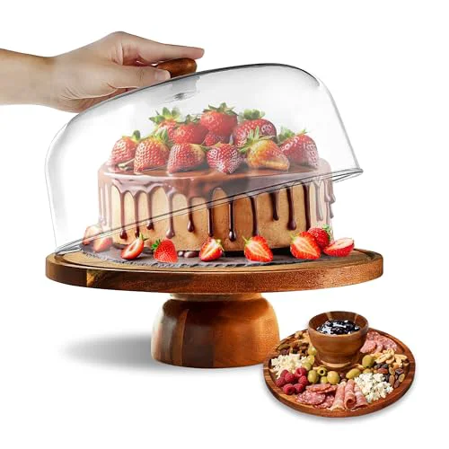 Advanced Acacia-Cake-Stand-with-Acrylic-Lid 2-in-1 Wood Cake Holder Charcuterie Board with Cover Round Cake Plate with Dome for Party，Dessert Table Display Stand Durable