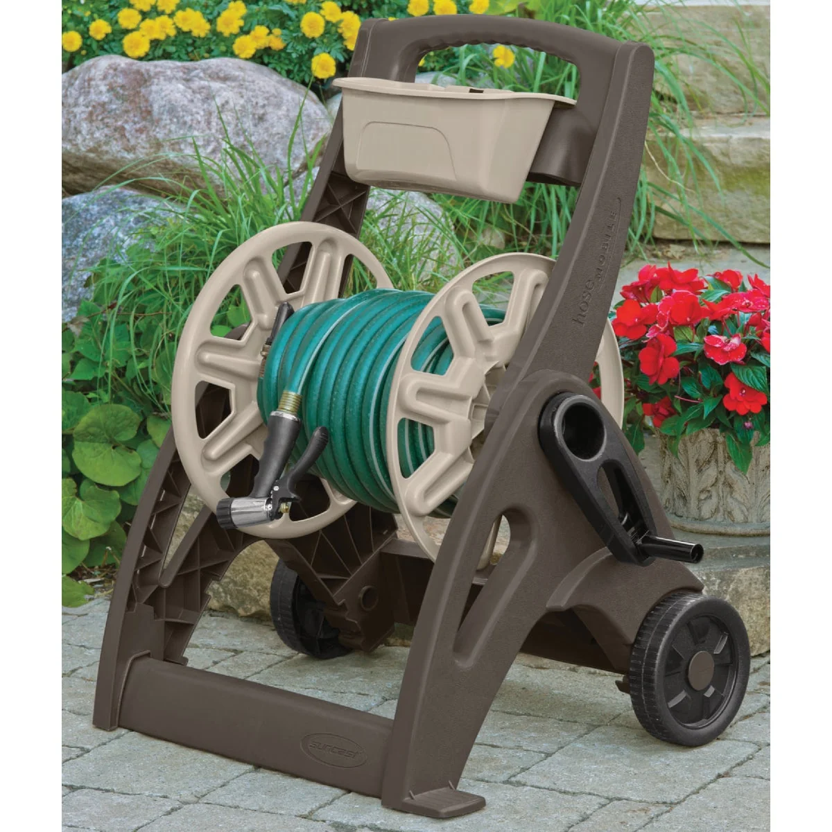 Crafted Suncast 225 Ft. x 5 8 In. Taupe Bronze Hosemobile Resin Hose Reel with Storage Bin Effective
