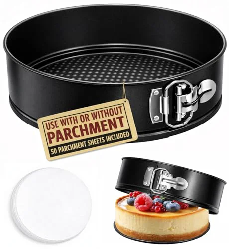 Safe 8 Inch Non stick Springform Pan with 50 Pcs Parchment Paper Cheesecake Pan with Removable Bottom Baking Mold Round Leakproof Proven
