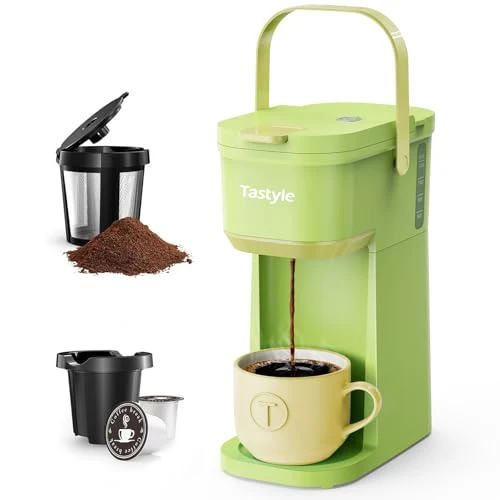 Long-Lasting Mini Single Serve Coffee Maker for K Cups and Grounds with Handle Verified