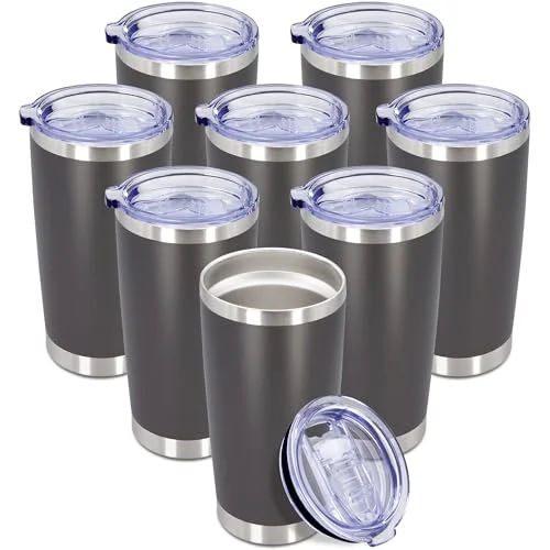 Recyclable 20oz Tumbler Insulated Coffee Tumblers with Lid Stainless Steel Grey 8P 8 Count Functional